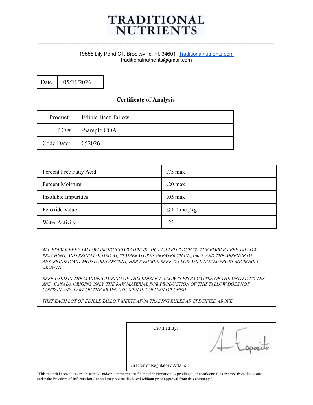 Sample certificate of analysis, page 1