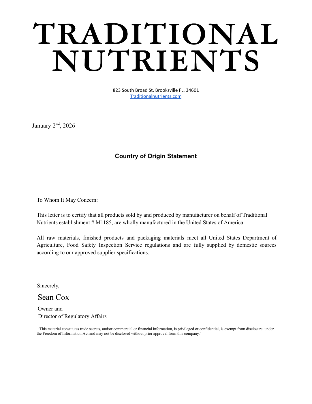Country of origin statement, page 1