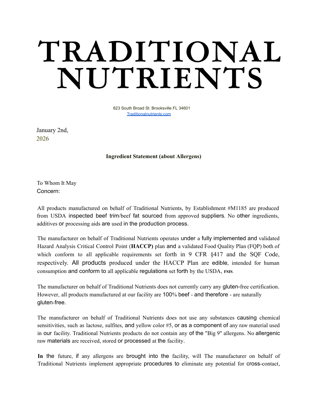 Ingredient & allergen statement, page 1