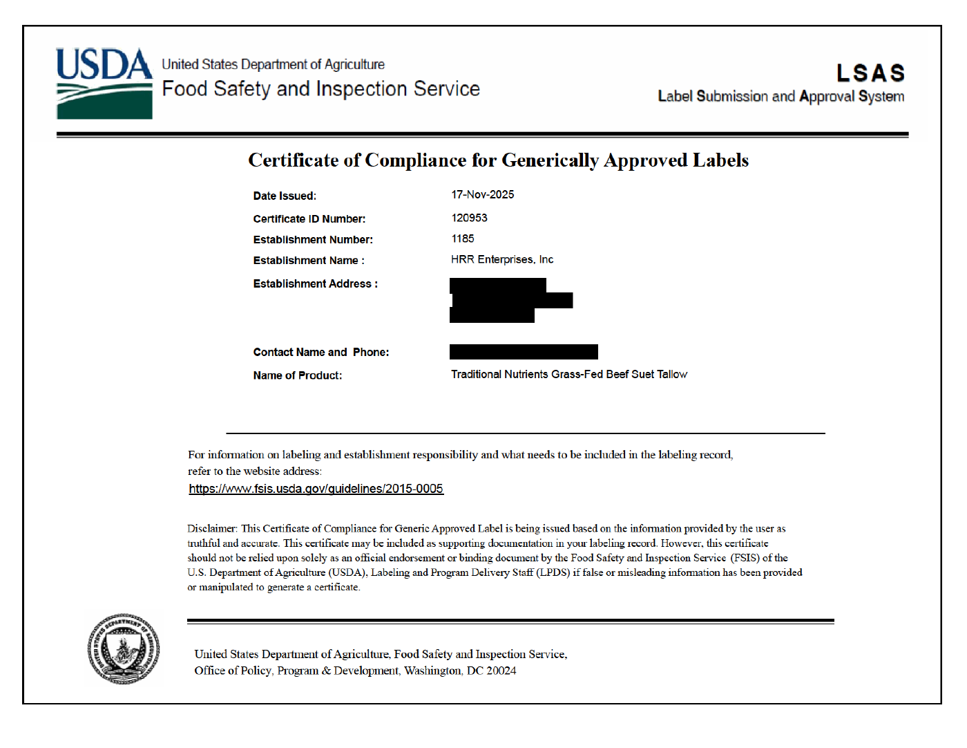 USDA label approval packet, page 1