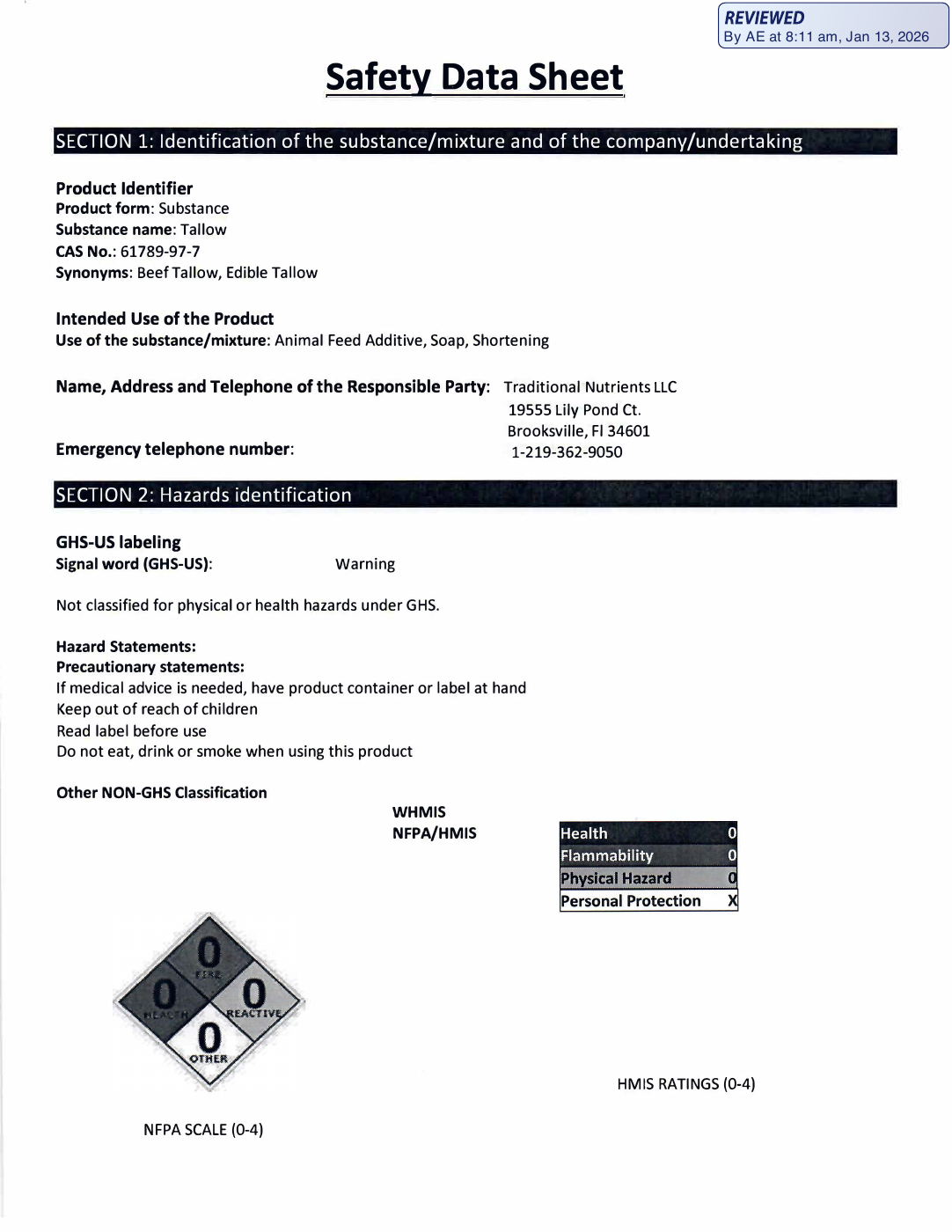 Safety data sheet, page 1