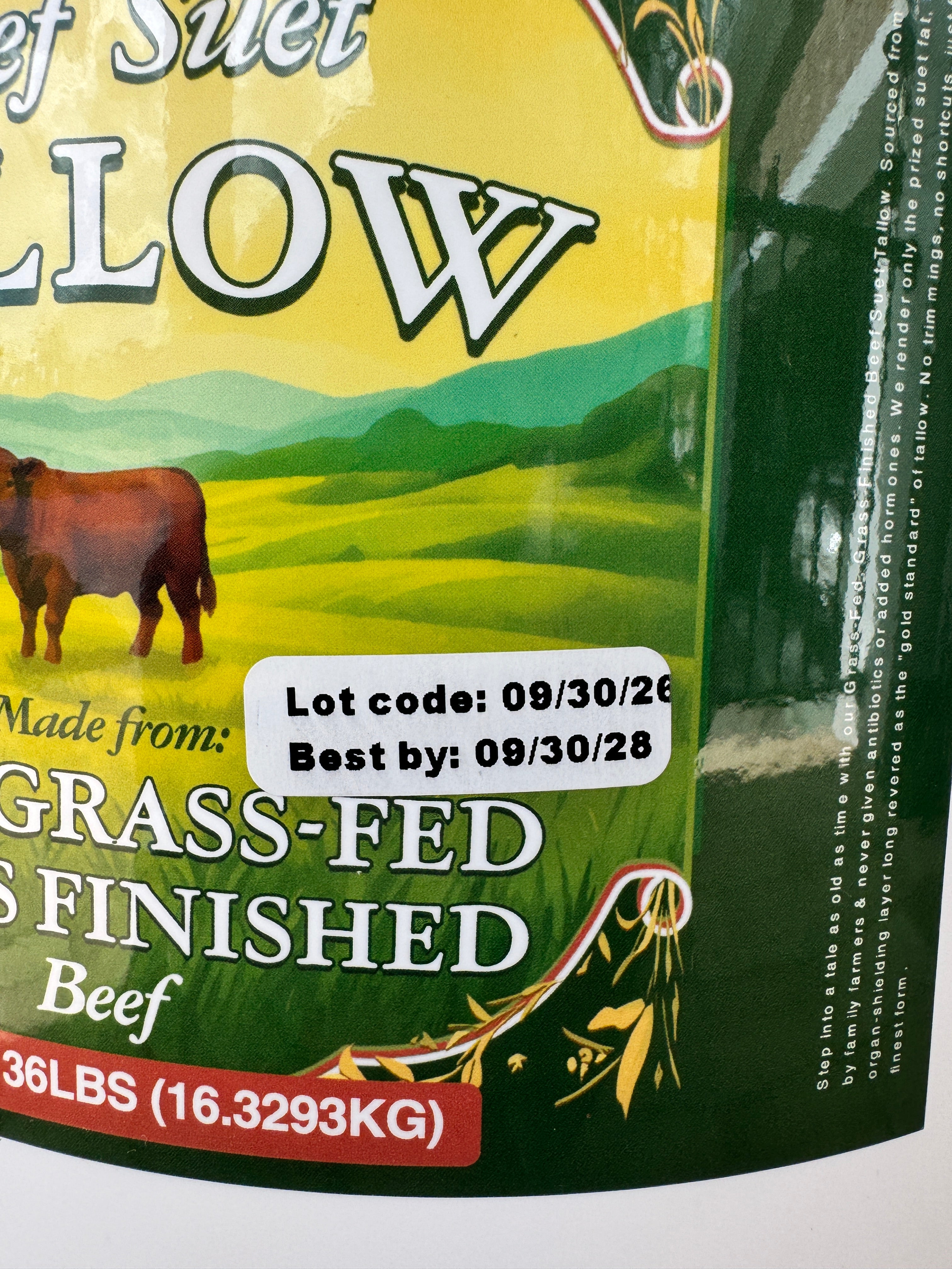 Example of the printed lot code and best-by date on a tallow tub