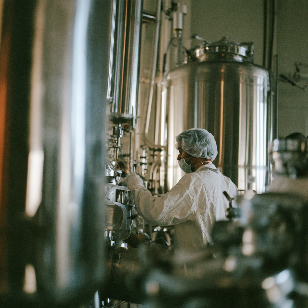 Illustrative rendering scene with a worker beside stainless-steel equipment