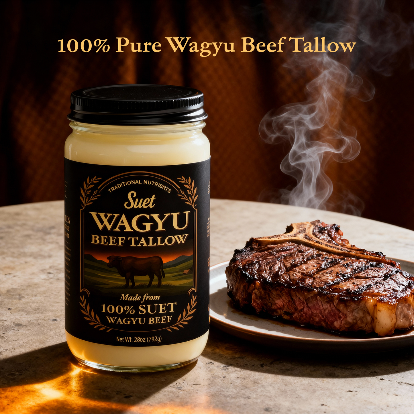 Wagyu Beef Tallow | Triple Rendered Cooking Fat for Frying & Cast Iron | 1.75lb Glass Jar