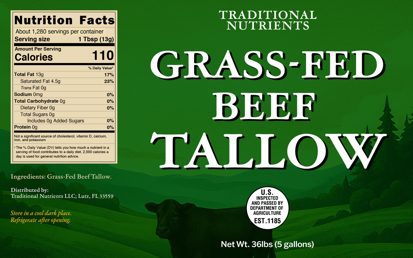 Bulk Grass-fed Beef Tallow (36lbs - 5 Gallon bucket)