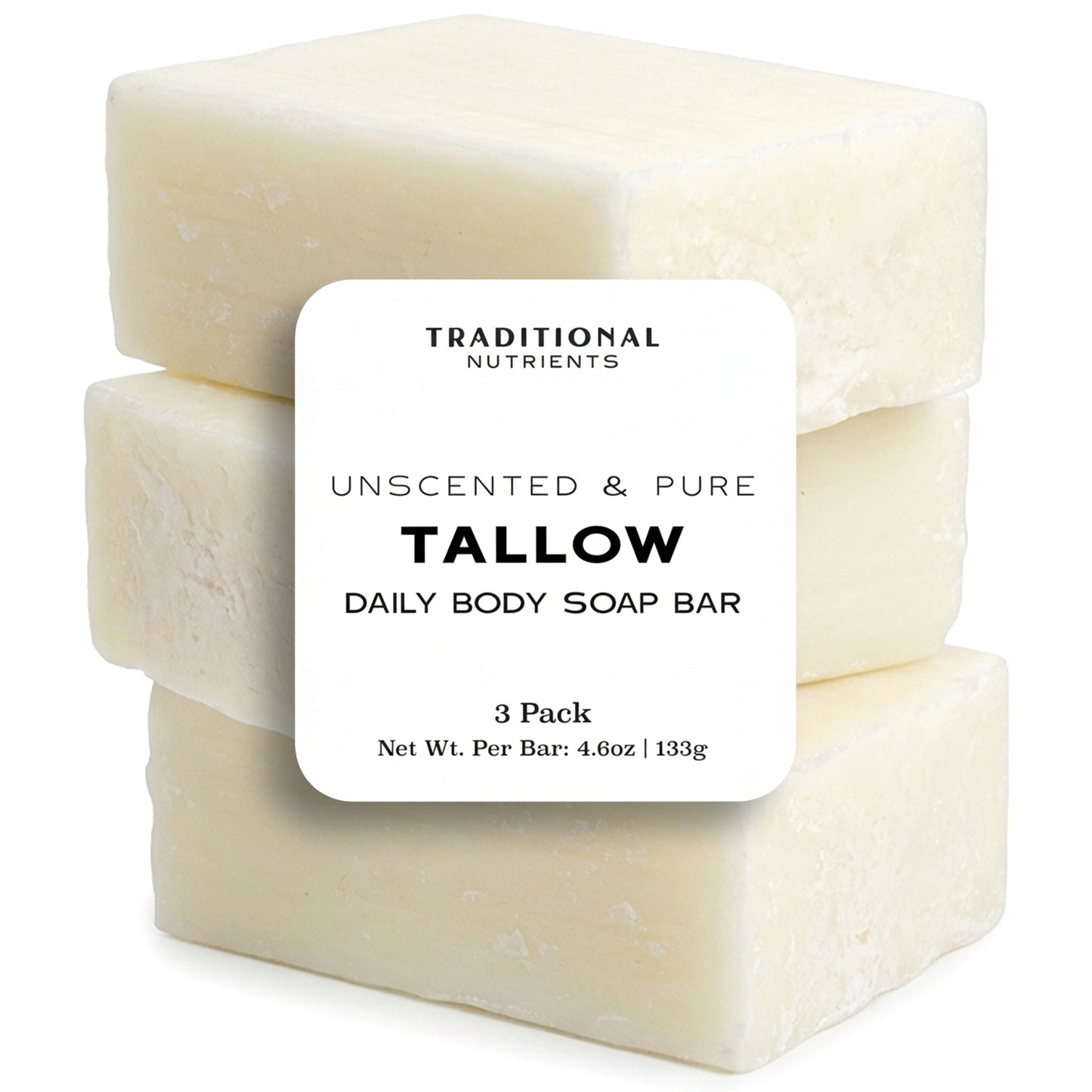 Unscented Beef Tallow Soap Bar, Grass Fed and Finished Tallow and Lye, 4.6oz Bar, Natural, Pure Suet Tallow (Pack of 3)