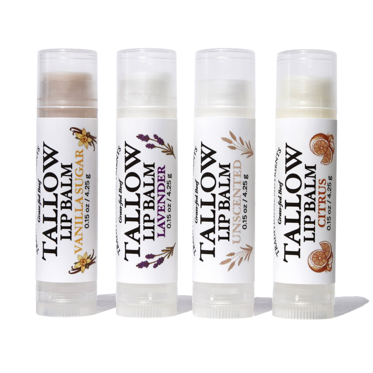 Traditional Nutrients Grass-Fed Beef Tallow Lip Balm, Variety 4-Pack, Unscented, Lavender, Vanilla Sugar, Citrus, with Organic Beeswax