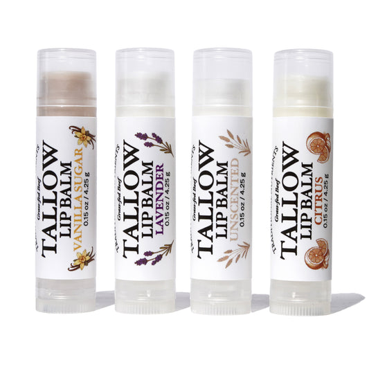 Traditional Nutrients Grass-Fed Beef Tallow Lip Balm, Variety 4-Pack, Unscented, Lavender, Vanilla Sugar, Citrus, with Organic Beeswax