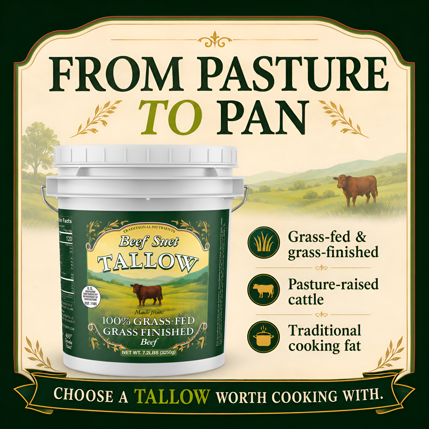 36lb Grass Fed Beef Tallow, Grass Finished, Pure Beef Suet Tallow Fat (5 gallon)