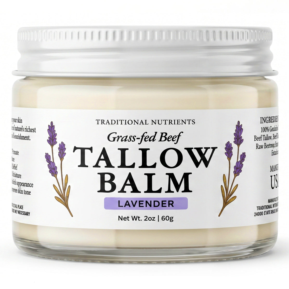 TRADITIONAL NUTRIENTS Lavender Tallow Balm – Grass-Fed Suet Beef Tallow Moisturizer with Honey, Beeswax & Lavender Oil – Nourishing Face & Body Balm (2oz)