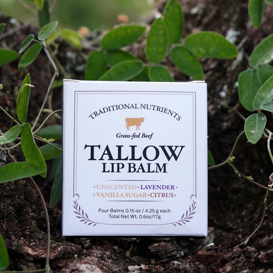 Traditional Nutrients Grass-Fed Beef Tallow Lip Balm, Variety 4-Pack, Unscented, Lavender, Vanilla Sugar, Citrus, with Organic Beeswax