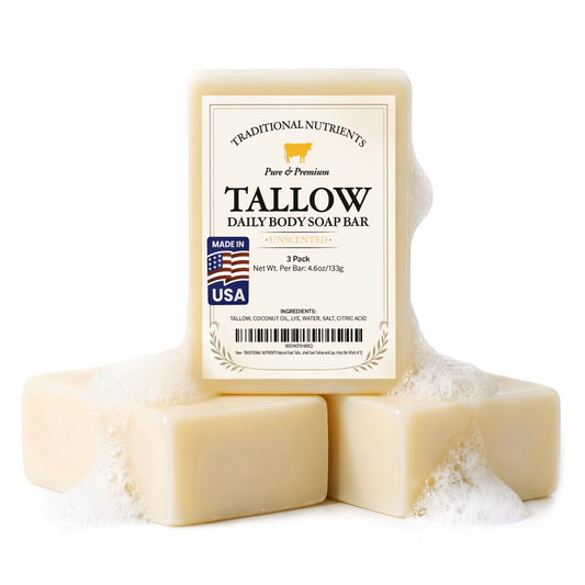 Unscented Beef Tallow Soap Bar, Grass Fed and Finished Tallow and Lye, 4.6oz Bar, Natural, Pure Suet Tallow (Pack of 3)
