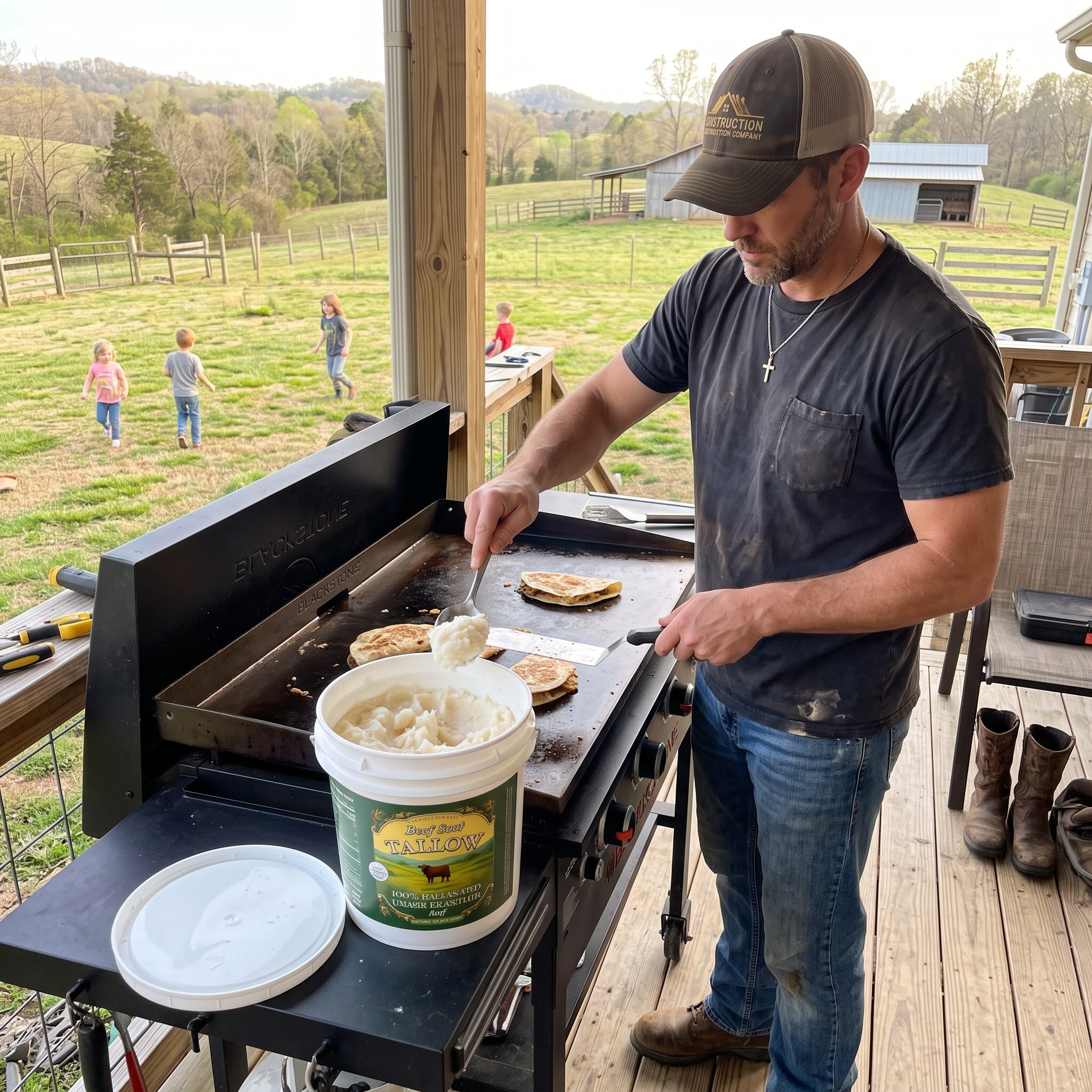 Cooking on an outdoor griddle with a tub of tallow