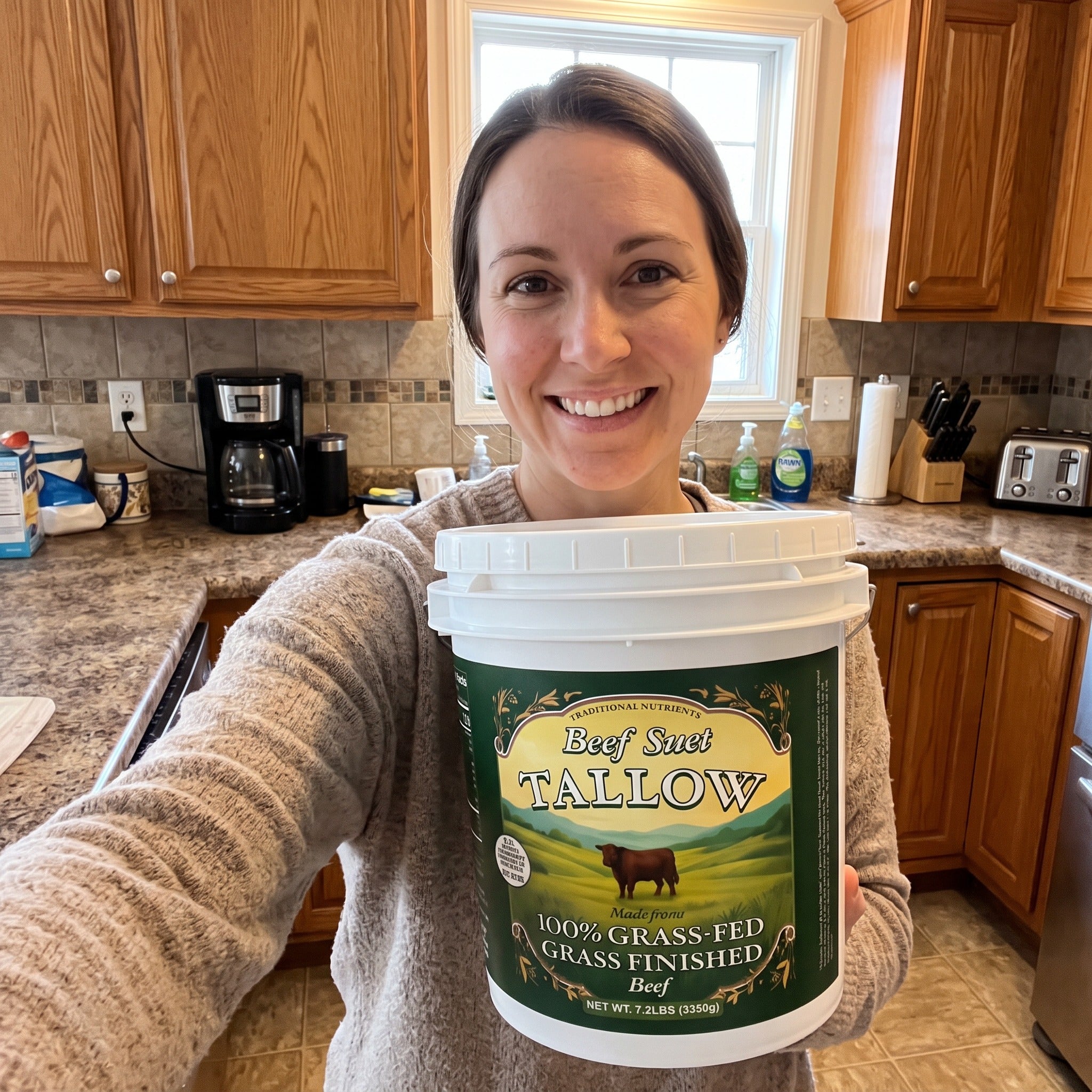 A tub of beef suet tallow in a home kitchen