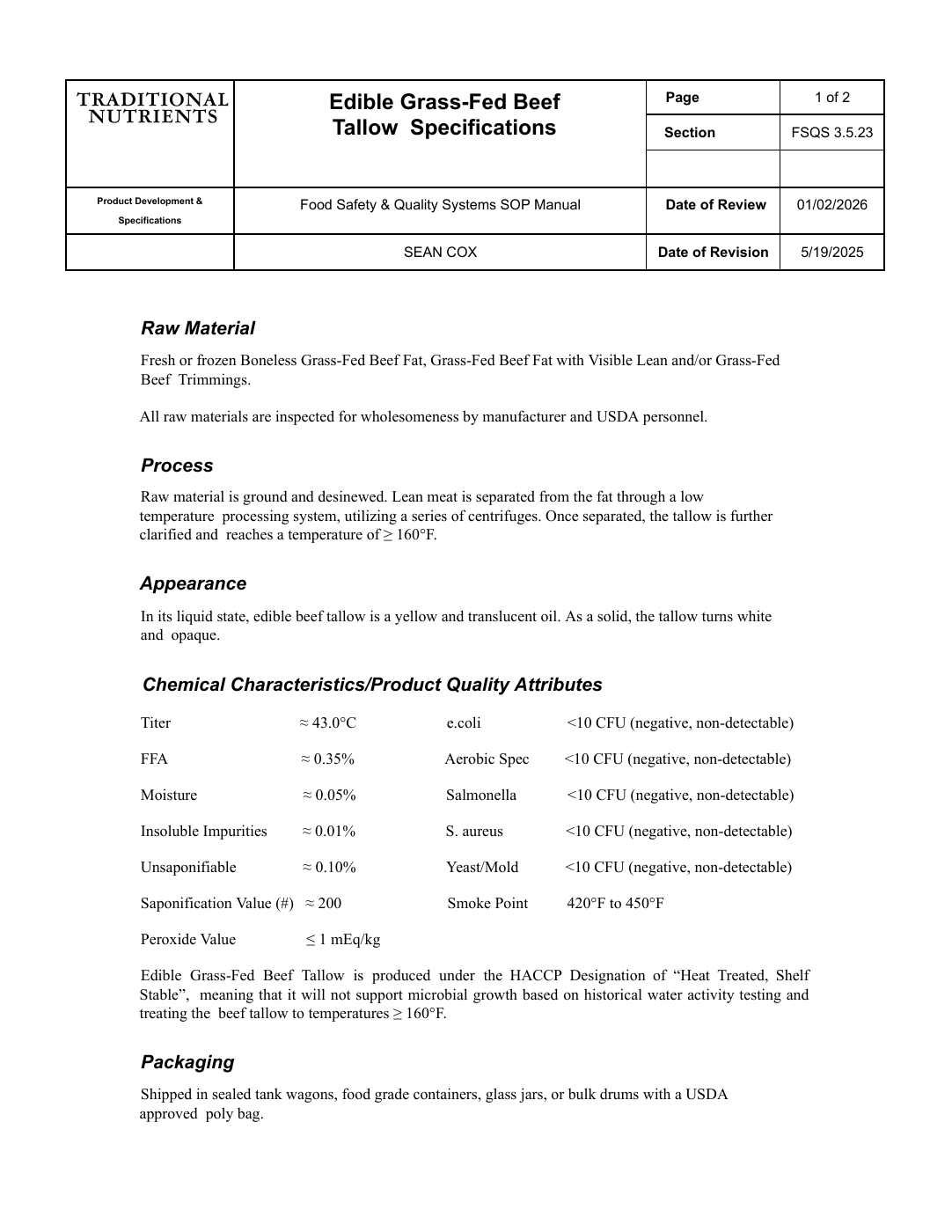 Grass-fed beef tallow specifications, page 1