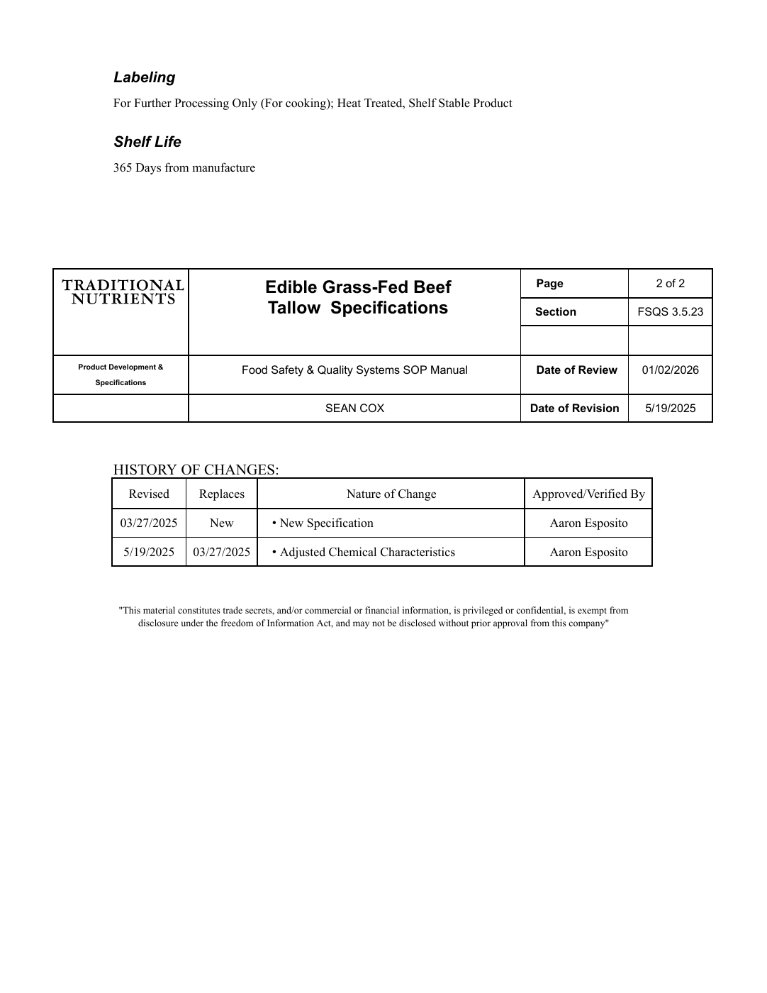 Grass-fed beef tallow specifications, page 2