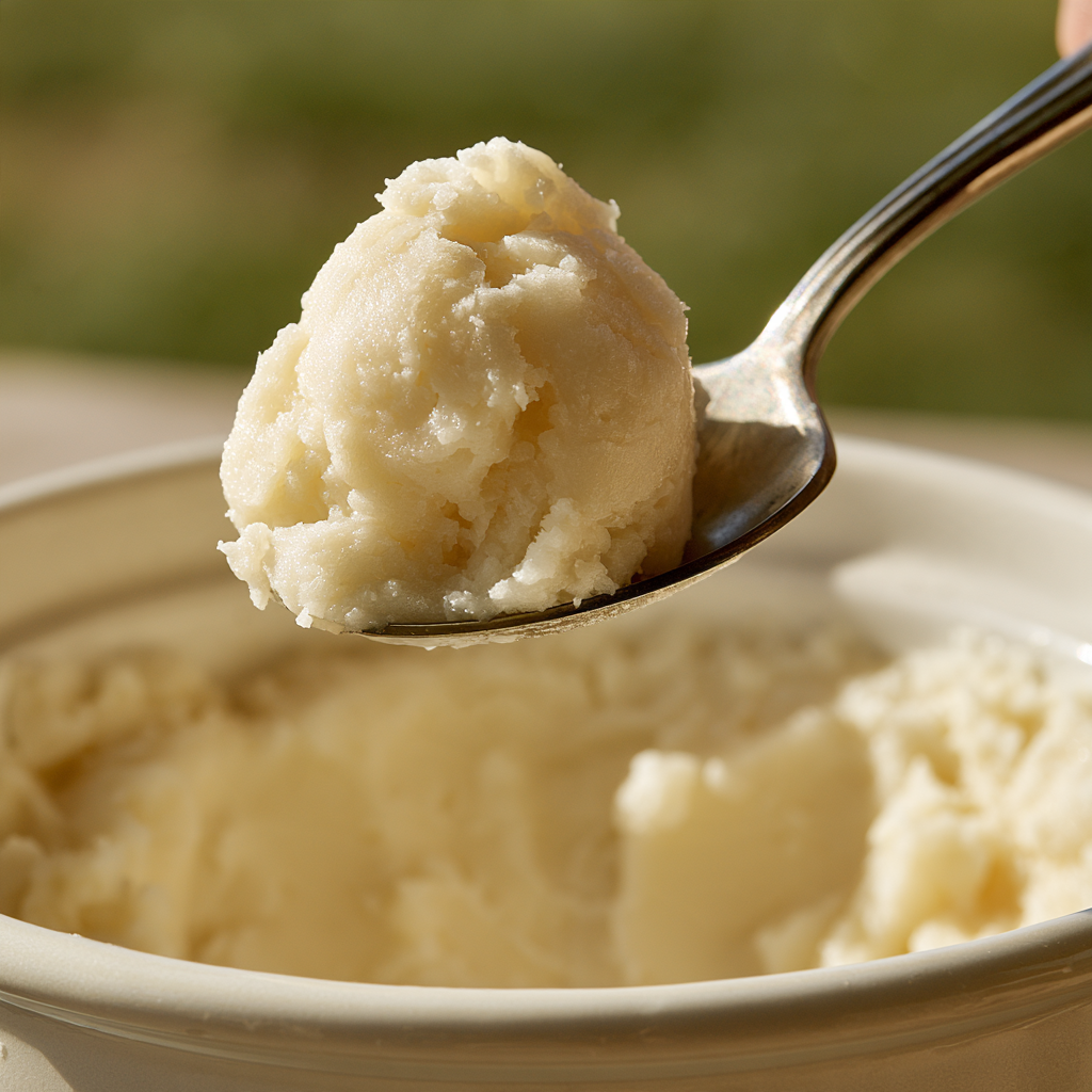 Close-up of a spoonful of creamy suet tallow above a bowl of tallow
