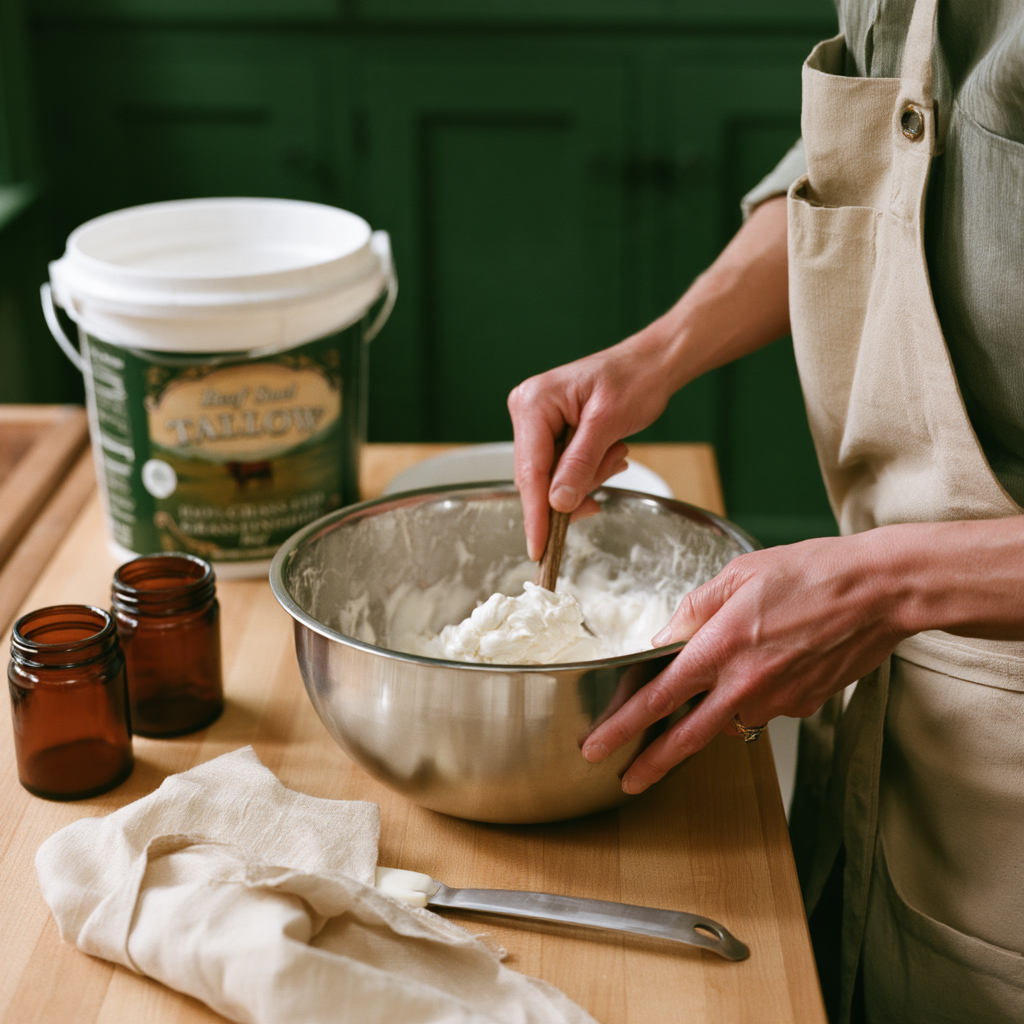 Hands mixing a balm formulation beside a tallow tub and amber jars