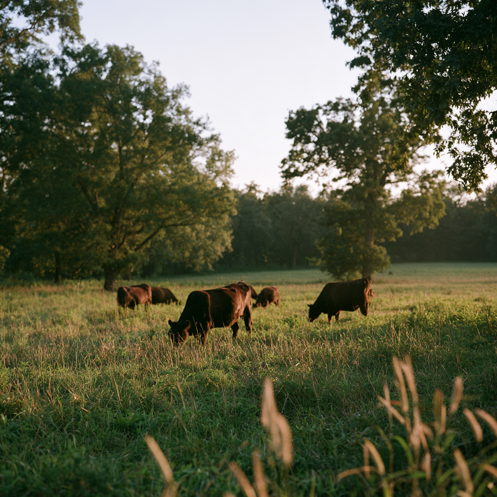 Cattle grazing beneath trees in warm evening light