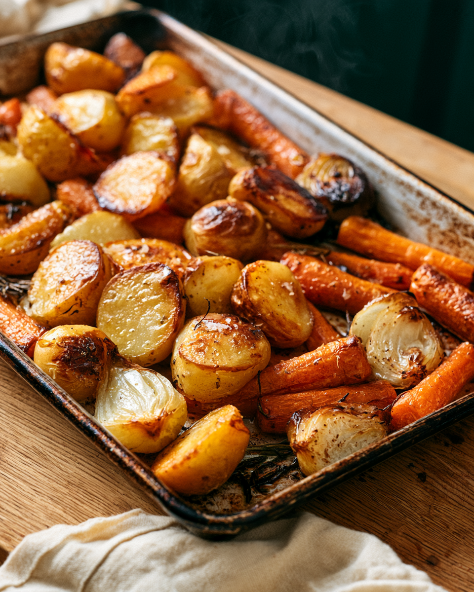 Roasted potatoes, carrots, and onions on a baking tray