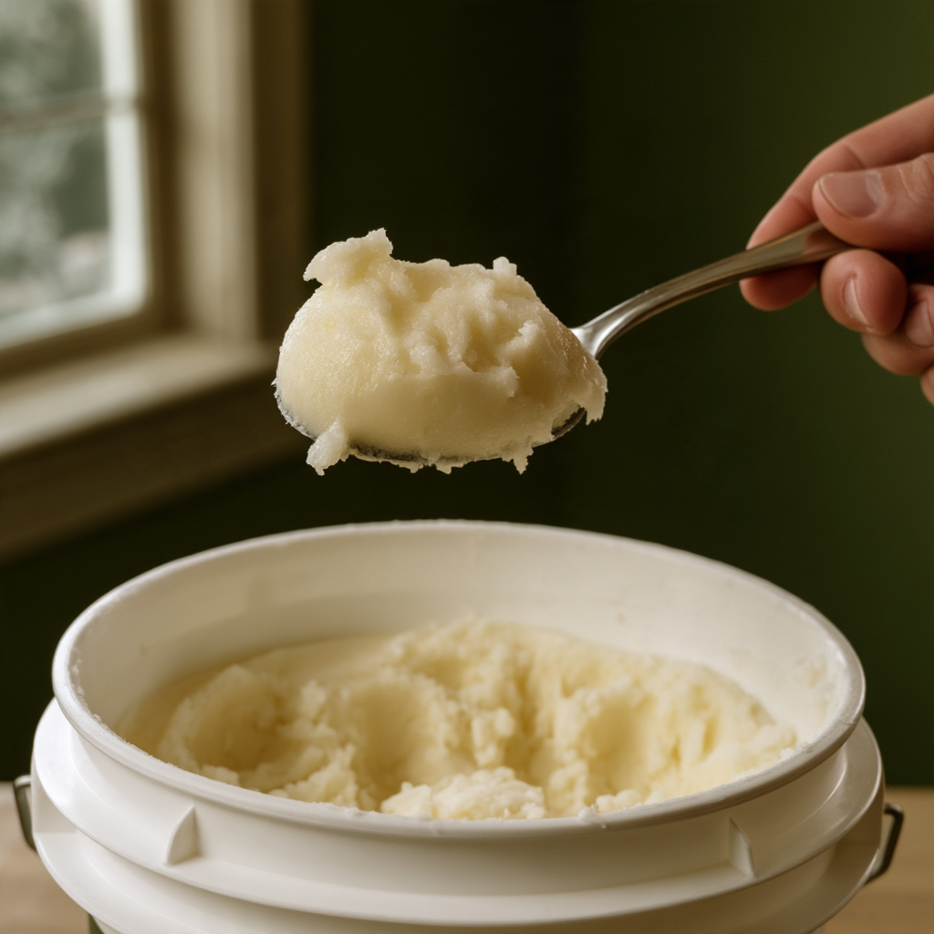 A spoonful of tallow lifted from an open tub