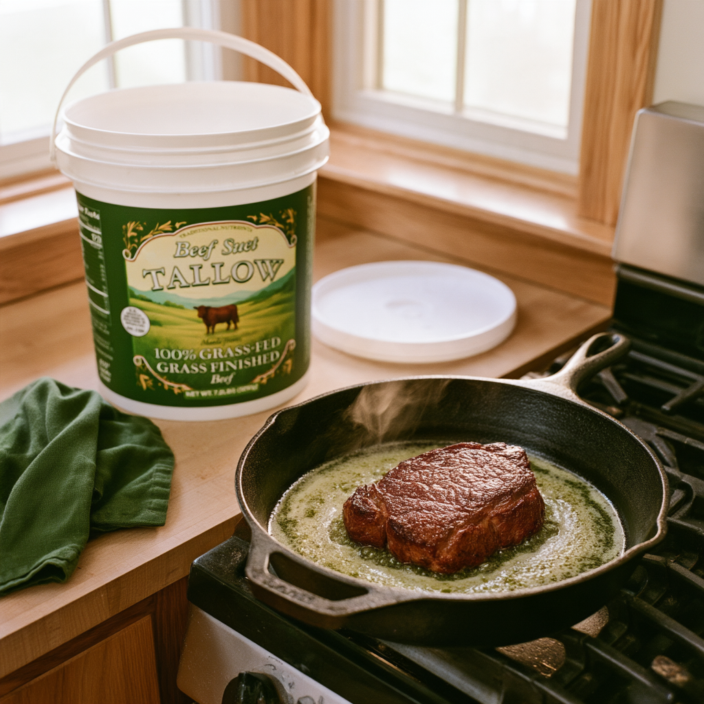 Steak searing in a cast-iron skillet beside an open tallow tub
